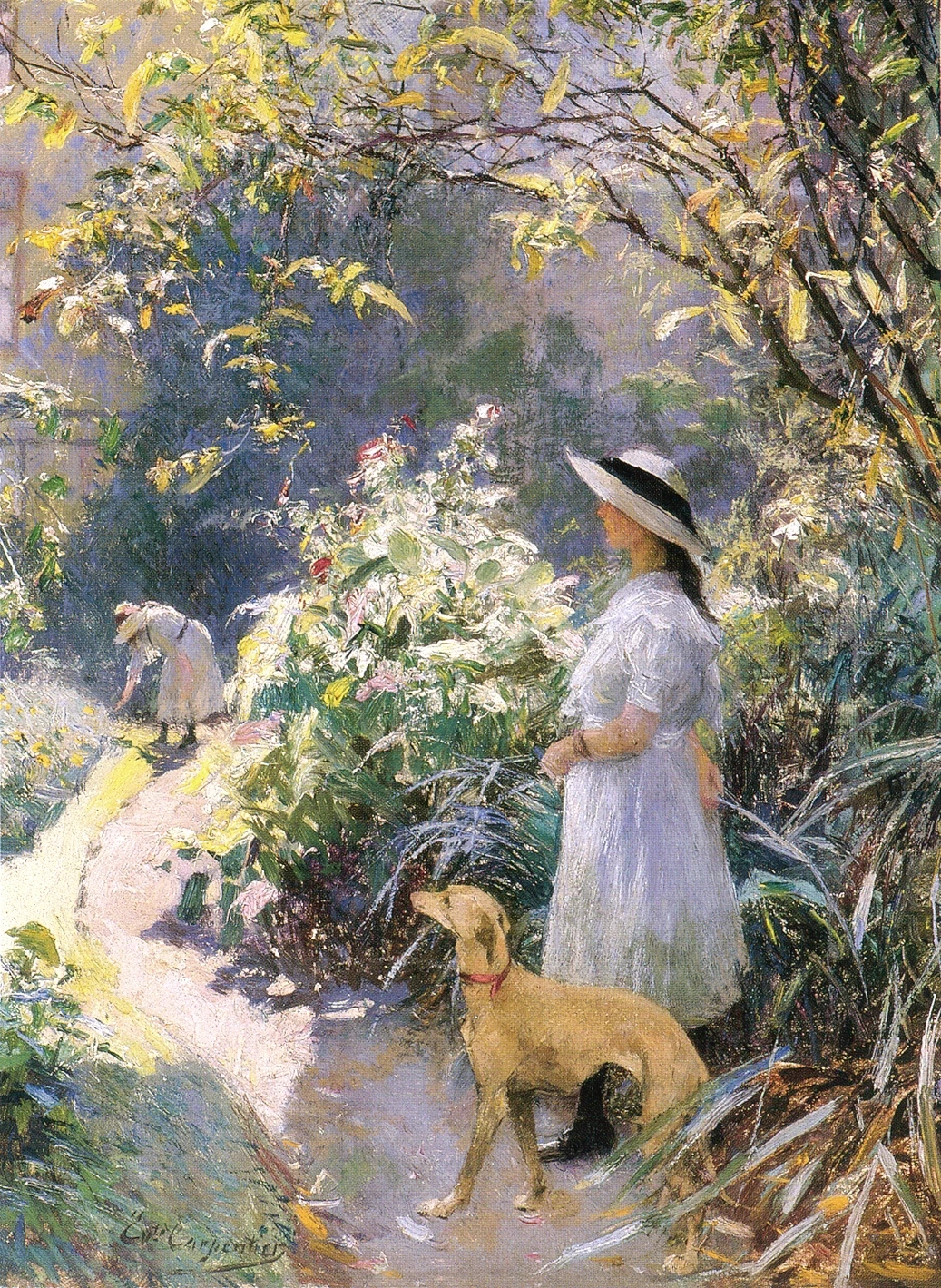 La ragazza e il levriero in giardino